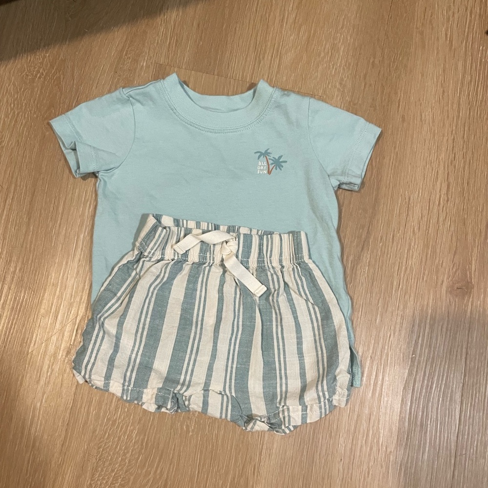 Blue Palm Tree Kids Shirt and Striped Shorts Set